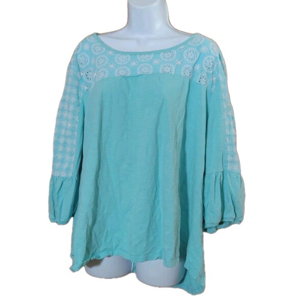 St John's Bay 3X Turquoise Round Neck Embroidered Puff Sleeve Cotton Top - Picture 1 of 7